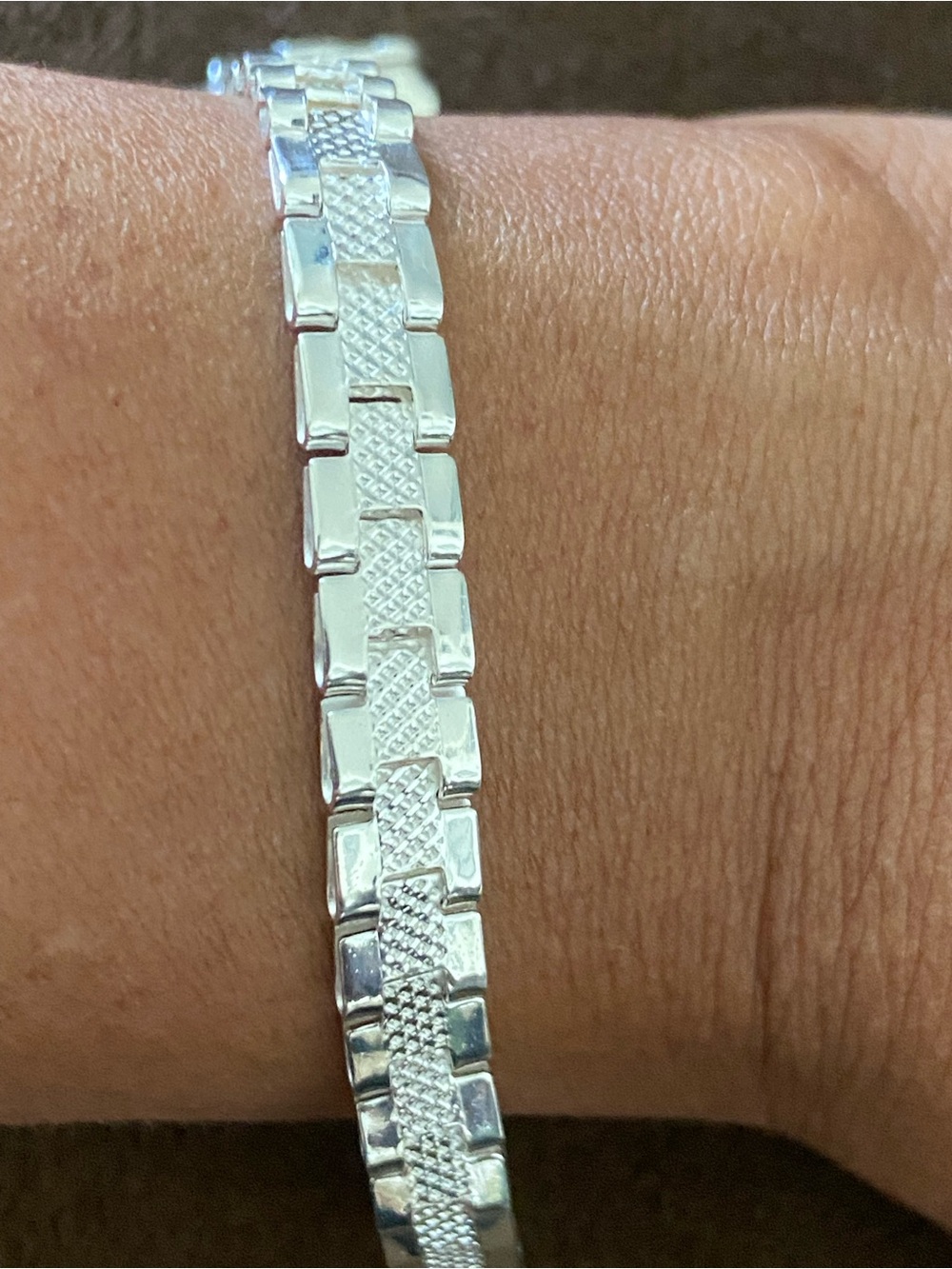 Sterling Silver 925 Solid Textured Link Men Bracelet - Silver